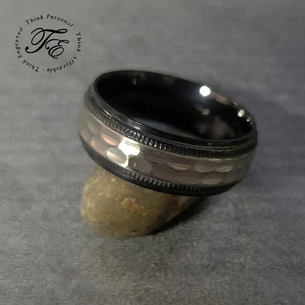 Men's Hammered Titanium Promise Ring Band - Black and Silver Hammered Titanium